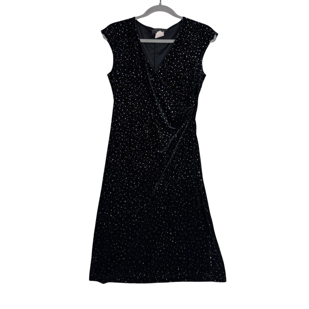 Connected Apparel Dress Womens 8 Black Velvet Star Print Wrap Sheath Knee Length